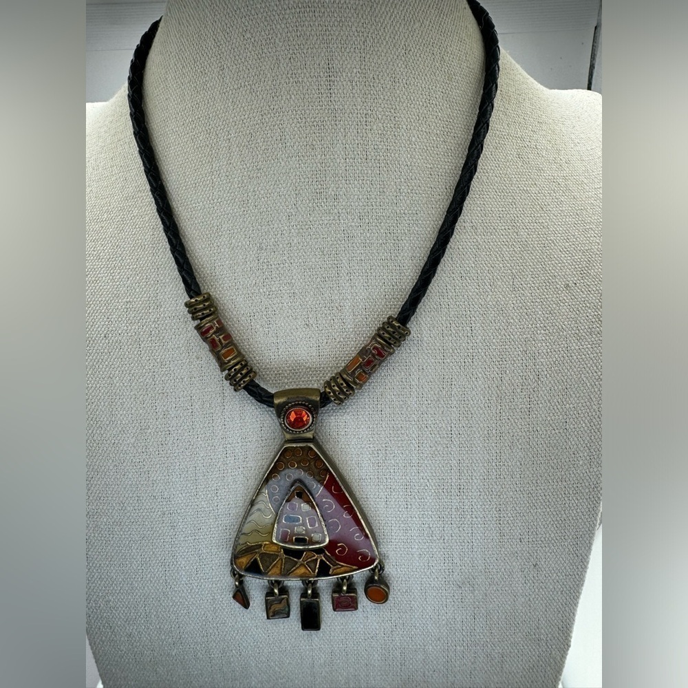 Chico’s Boho Tribal Enamel Antiqued Gold Black Braided Leather Chain Necklace